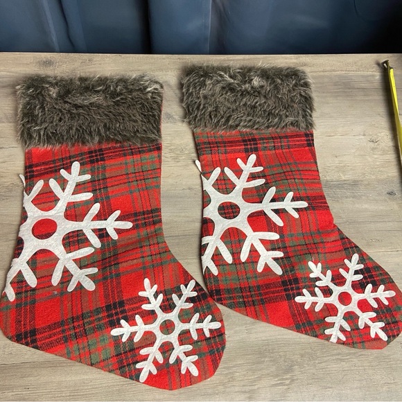 Other - Christmas Stockings Set of 2 Red Gray Fuzzy Top Snowflake Pattern Hanging Plaid